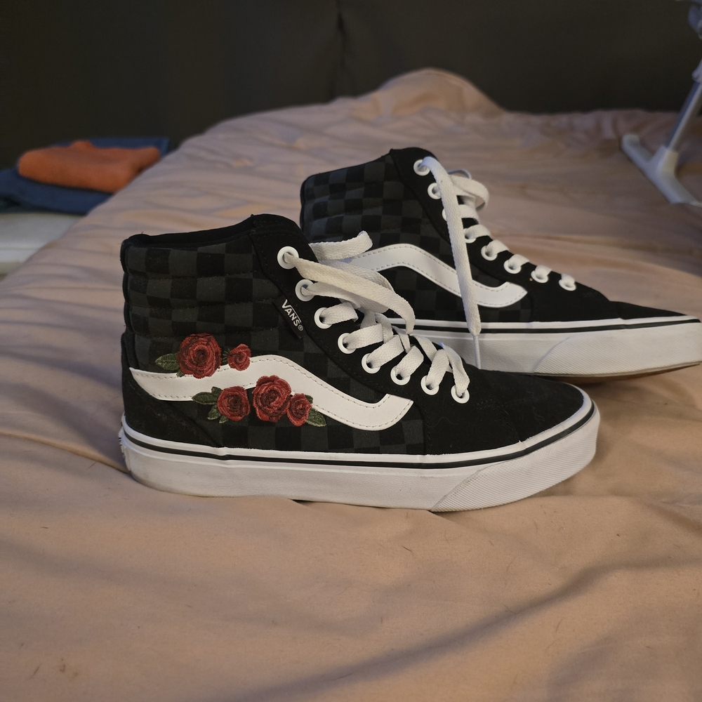 Vans Black Checkered High-Top Sneakers with Red Rose Embroidery